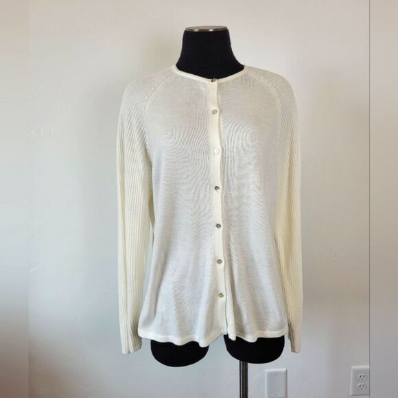 Vintage Carolyn Taylor Cardigan Sweater Cream Soft Knit Preppy Grandma Medium - Picture 1 of 9